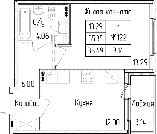 1-комнатная квартира 35.35 м², 2/4 эт., ЖК «Любоград в Стрельне»